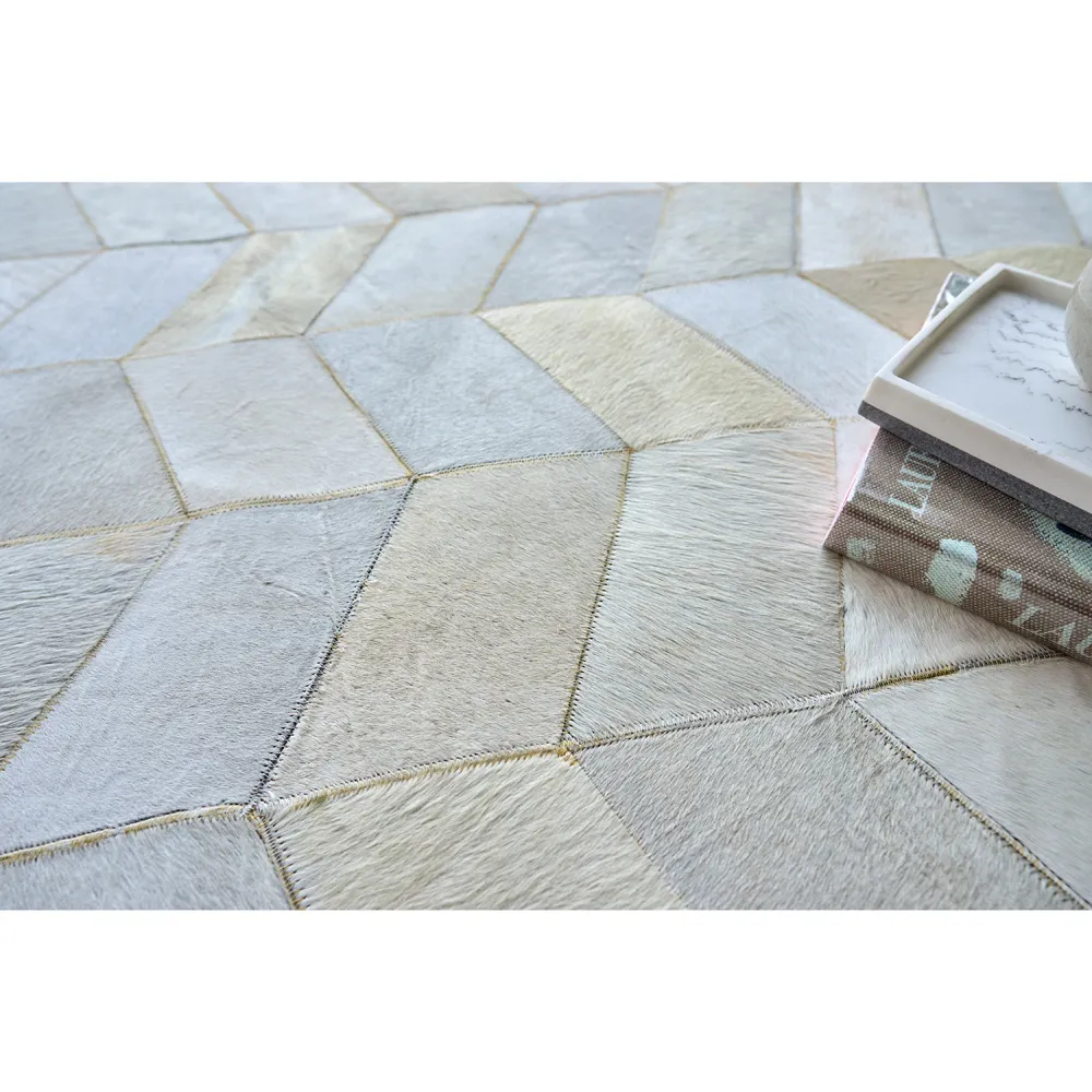 Lucas Herringbone Patterned Rug - Grey, Leather Hide