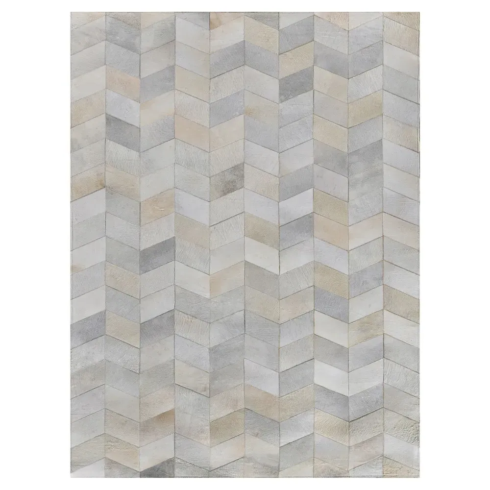 Lucas Herringbone Patterned Rug - Grey, Leather Hide
