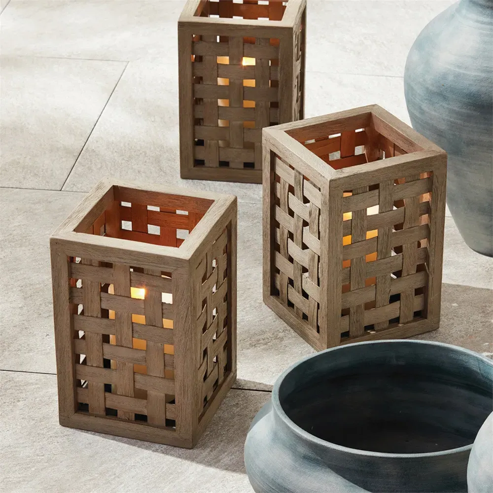 Lucas Hurricane Candle Holder - Grey, Teak Wood
