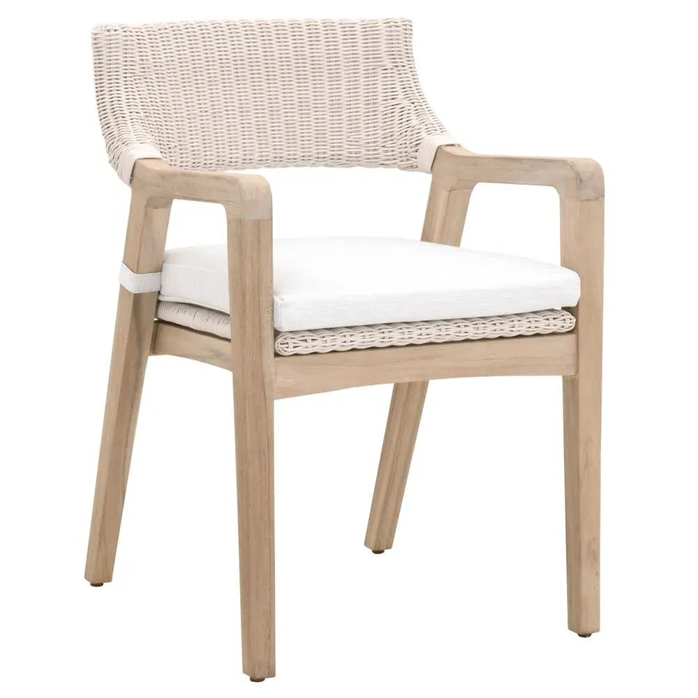 Lucile Woven Wicker Outdoor Dining Arm Chair - White, Teak