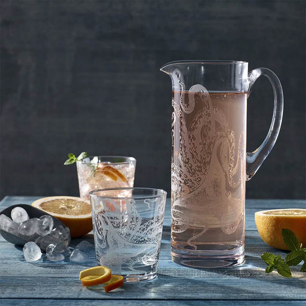 Lucy Coastal Beach Glass Pitcher with Octopus Design - Clear