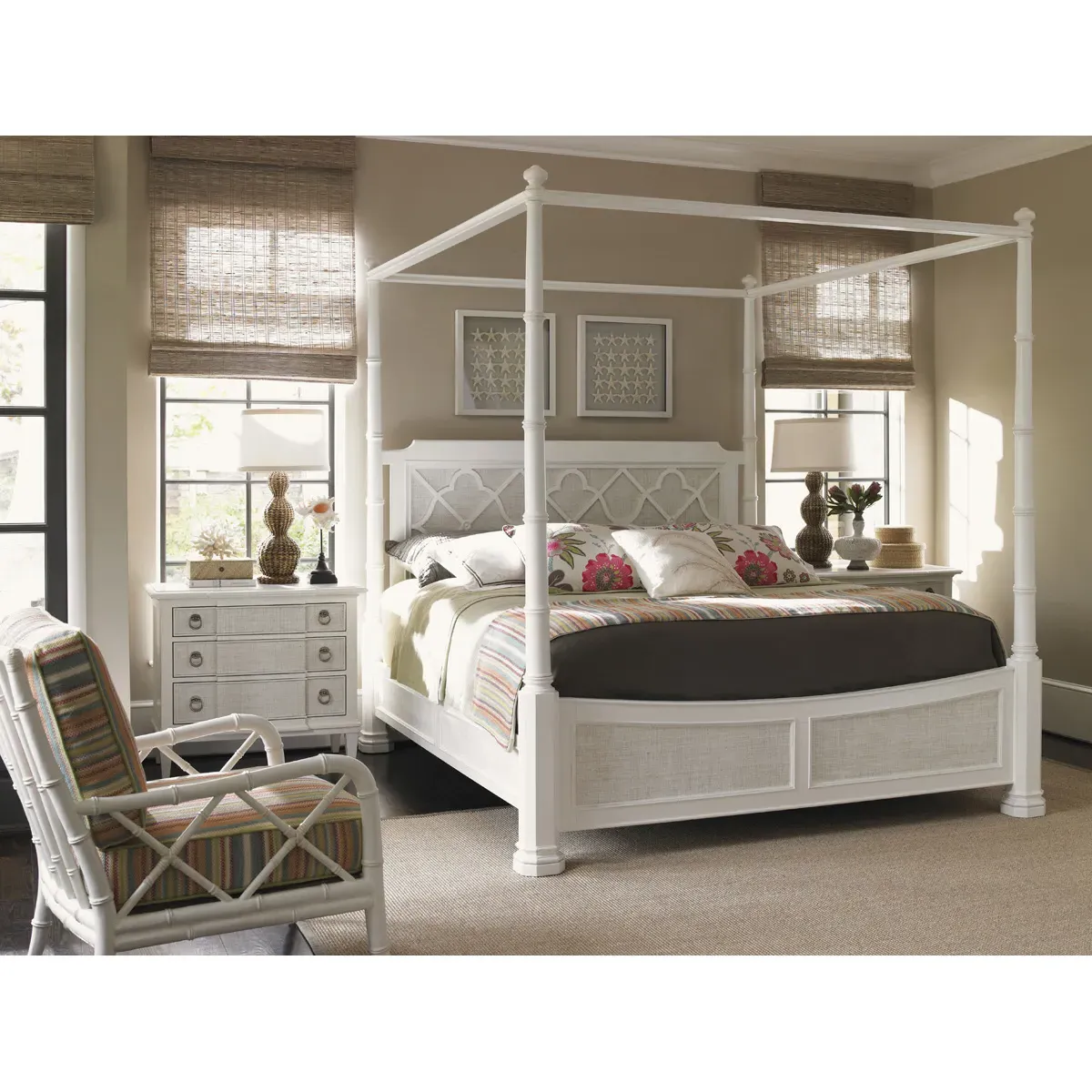 Luka King Size Canopy Bed - White, Rattan