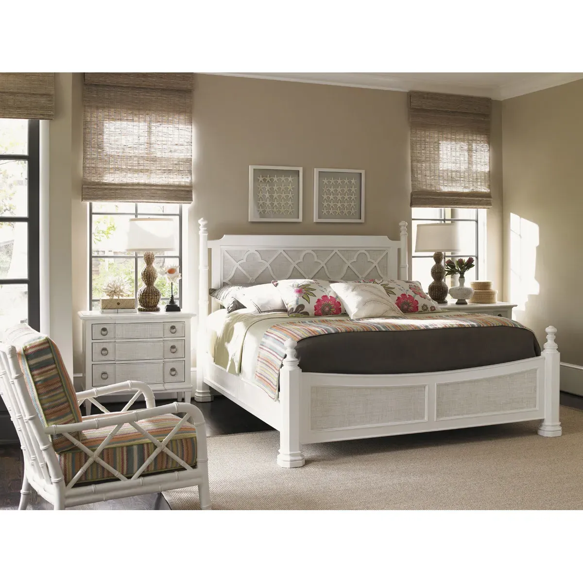 Luka King Size Canopy Bed - White, Rattan