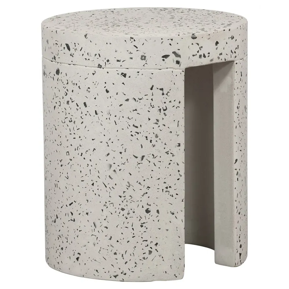 Lyone Round Outdoor Stool - White, Terrazo Concrete