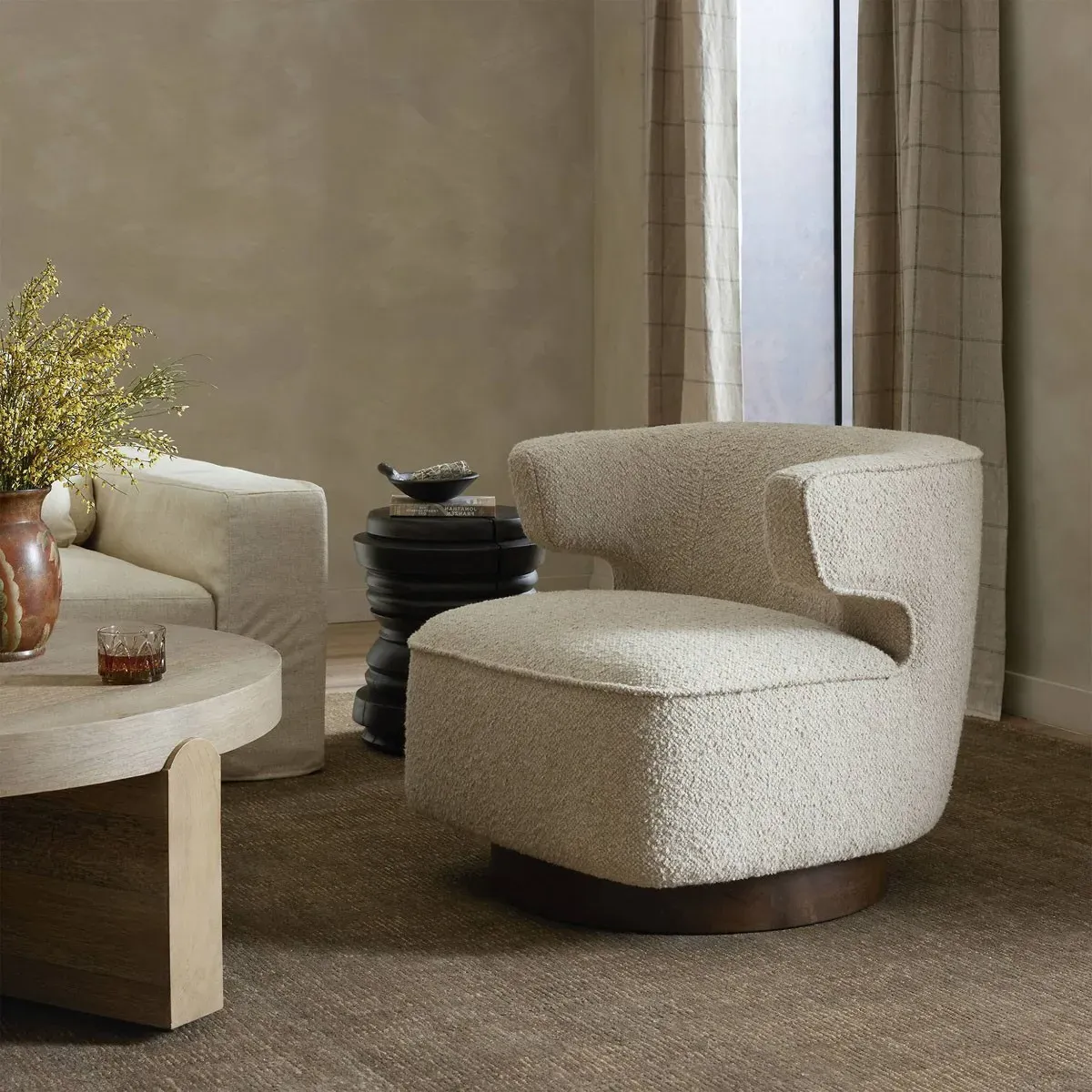 Macy Swivel Chair - Beige, Boucle