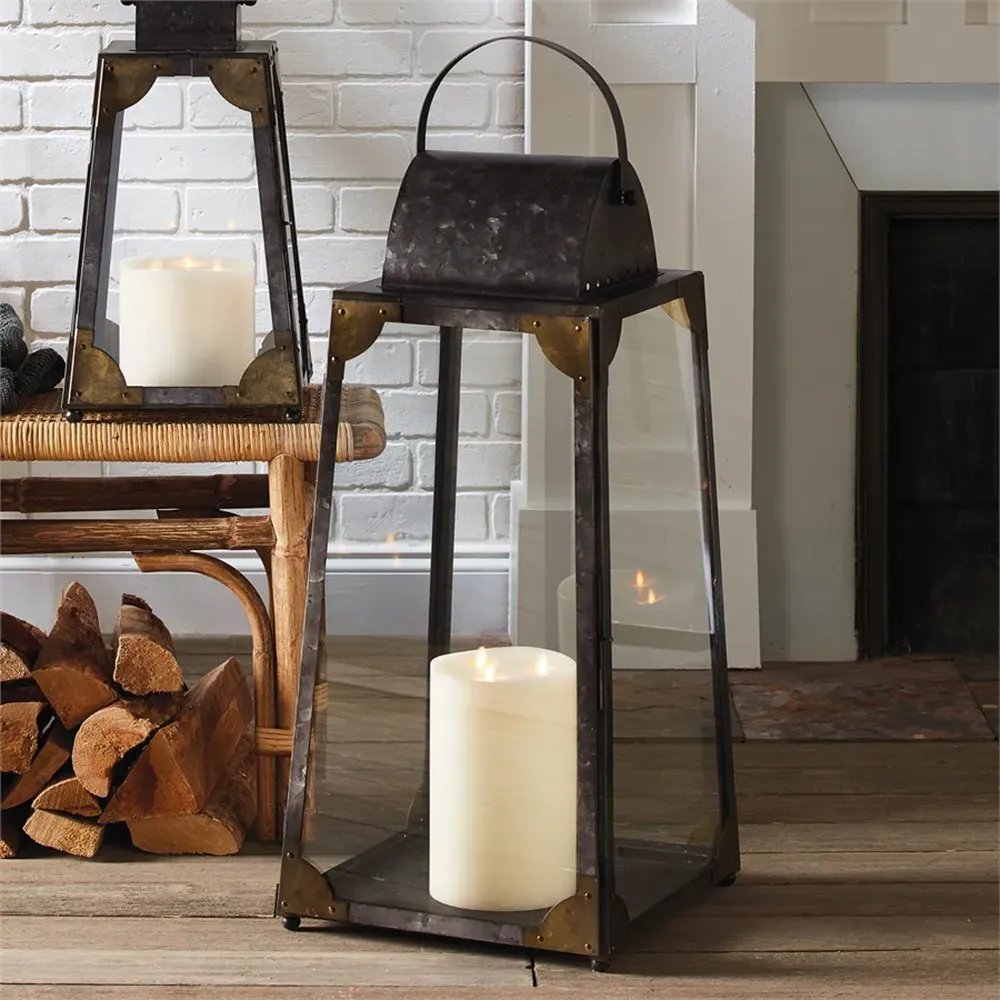 Maddy Large Lantern Candleholder - Grey, Galvanized Metal