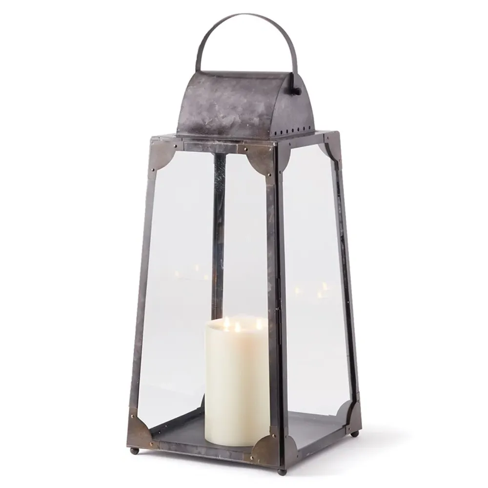 Maddy Large Lantern Candleholder - Grey, Galvanized Metal