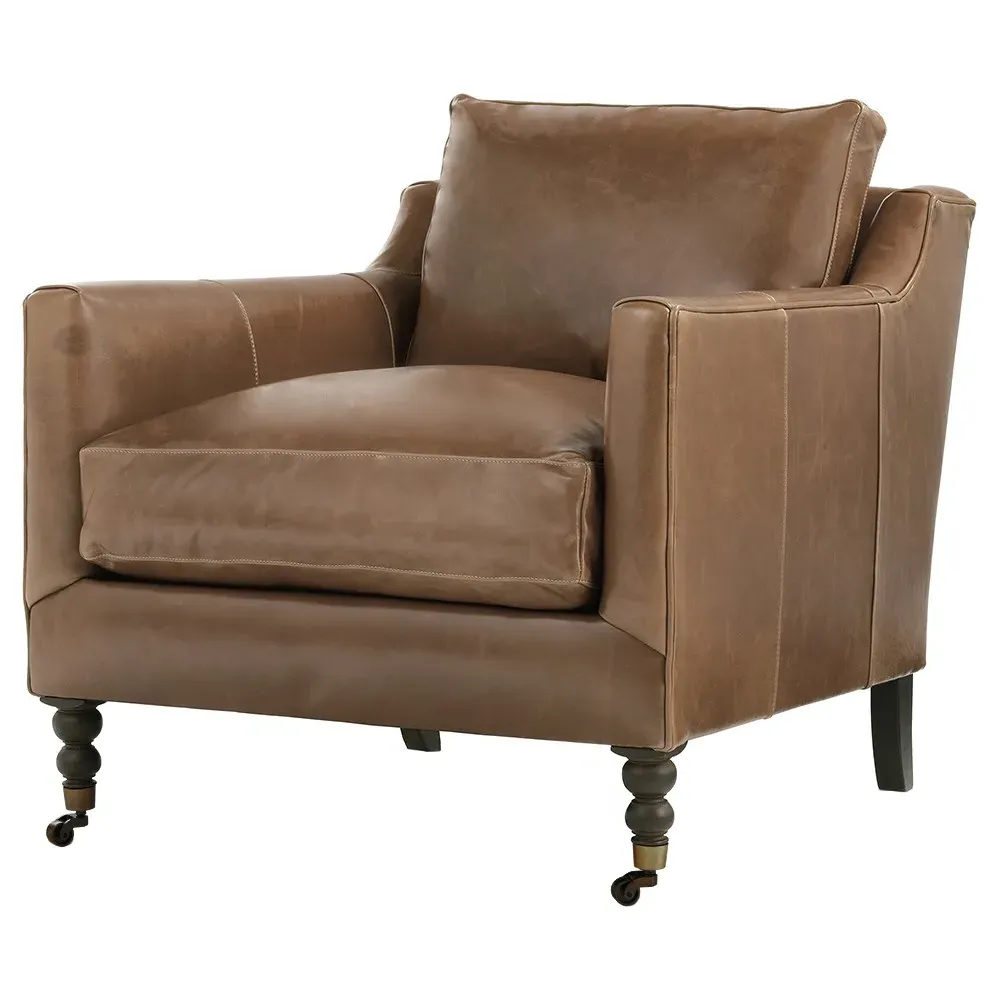 Madeline Upholstered Arm Chair with Casters - Cocoa, Leather