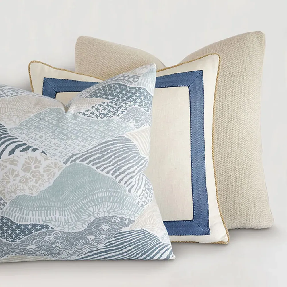 Maelis 22x22 Throw Pillow with Blue Ribbon - Cream, Linen