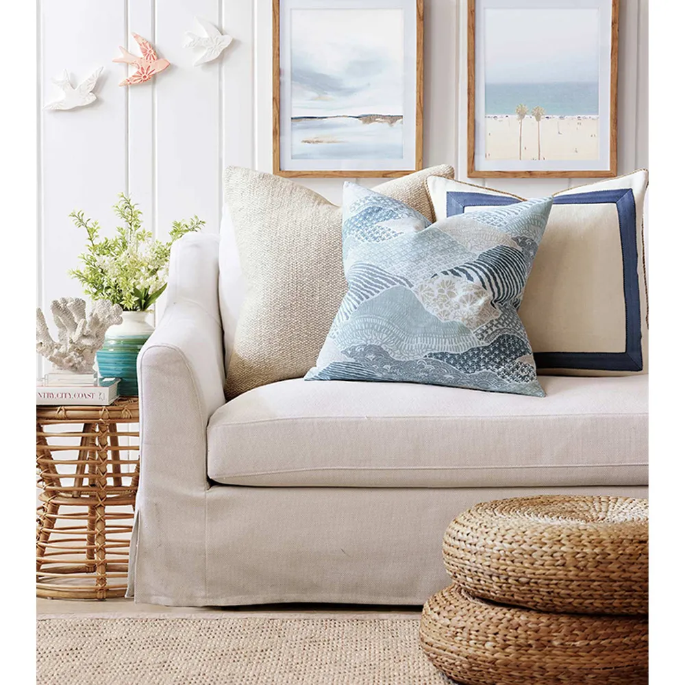 Maelis 22x22 Throw Pillow with Blue Ribbon - Cream, Linen