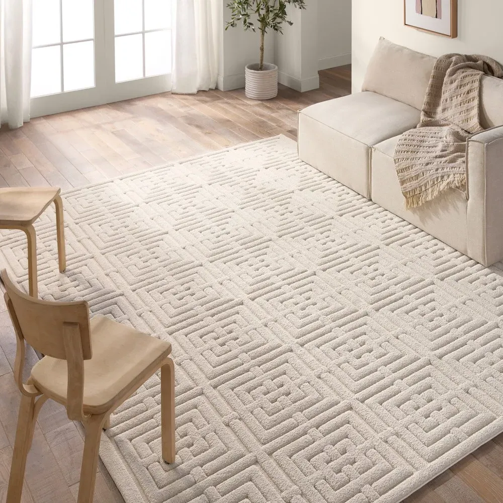 Maelle Geometric Patterned Rug Sample - Cream, Polyester