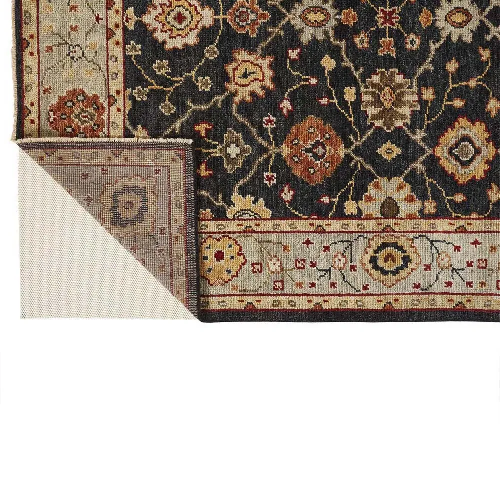 Maia Floral Patterned Hand Knotted Rug - Black, Wool