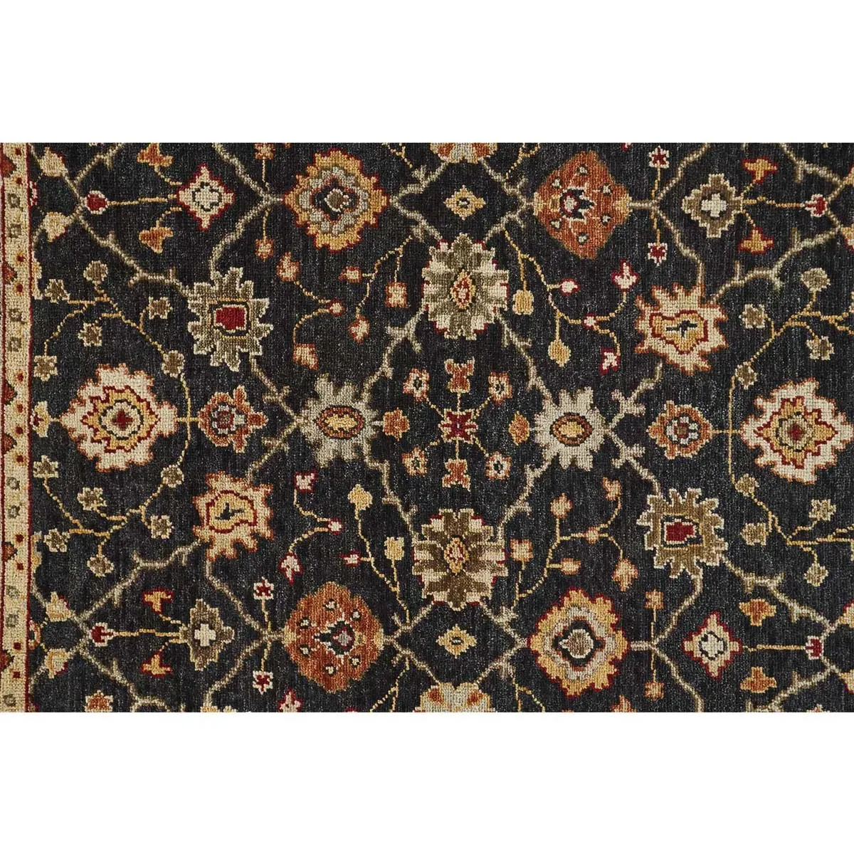 Maia Floral Patterned Hand Knotted Rug - Black, Wool