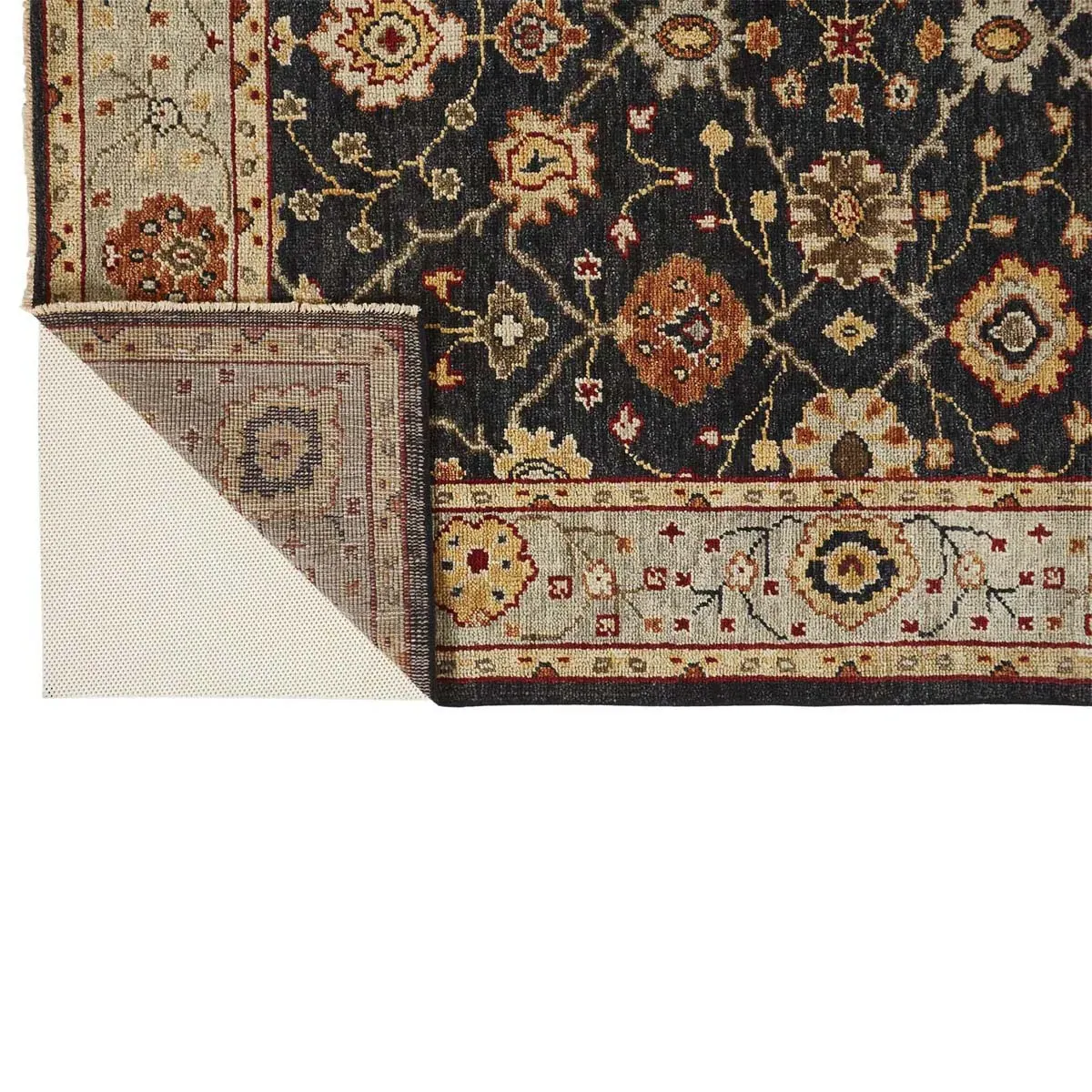 Maia Floral Patterned Hand Knotted Rug - Black, Wool