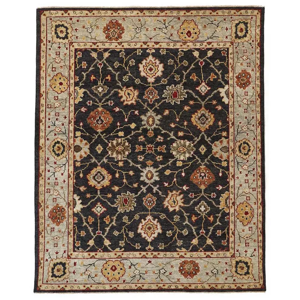 Maia Floral Patterned Hand Knotted Rug - Black, Wool