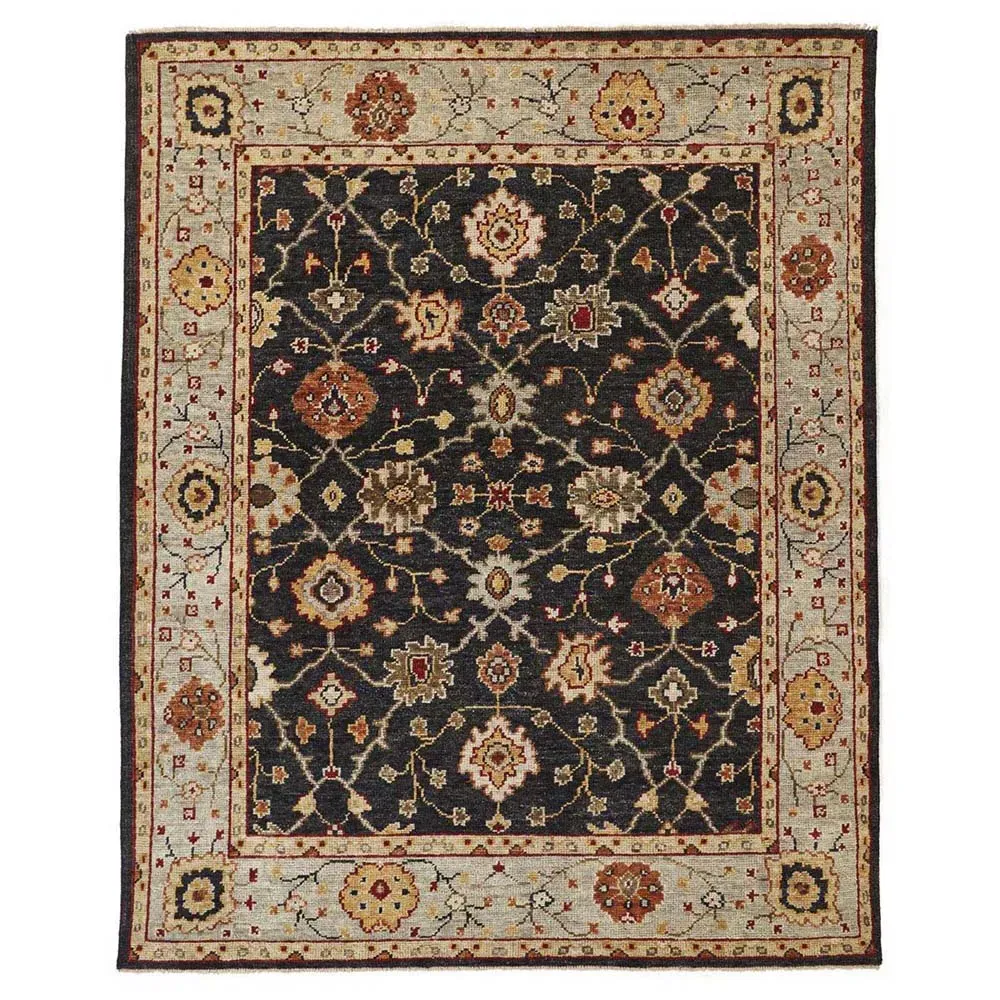 Maia Floral Patterned Hand Knotted Rug - Black, Wool