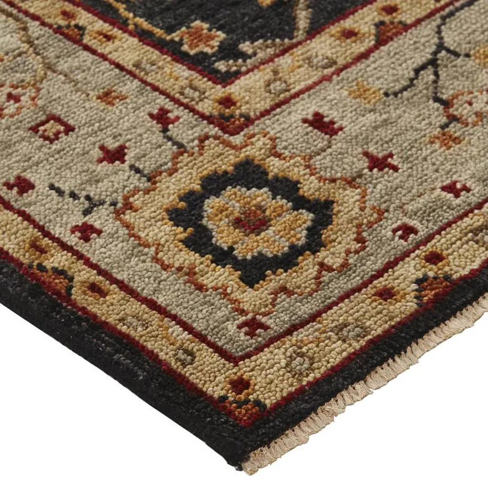 Maia Floral Patterned Hand Knotted Rug - Black, Wool