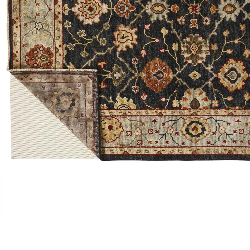 Maia Floral Patterned Hand Knotted Rug - Black, Wool