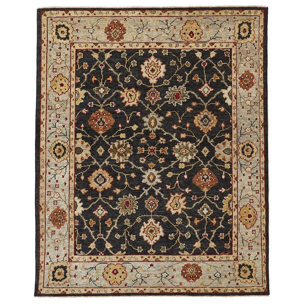 Maia Floral Patterned Hand Knotted Rug - Black, Wool