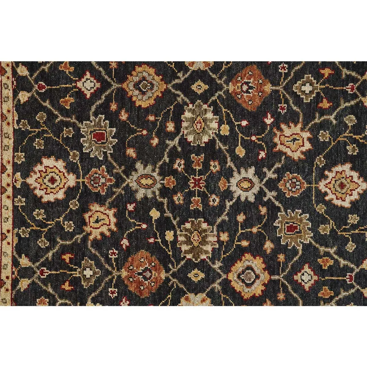 Maia Floral Patterned Hand Knotted Rug - Black, Wool