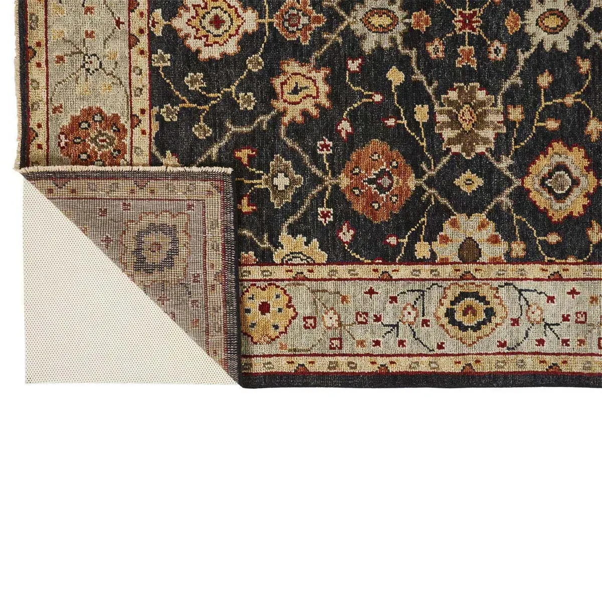 Maia Floral Patterned Hand Knotted Rug - Black, Wool