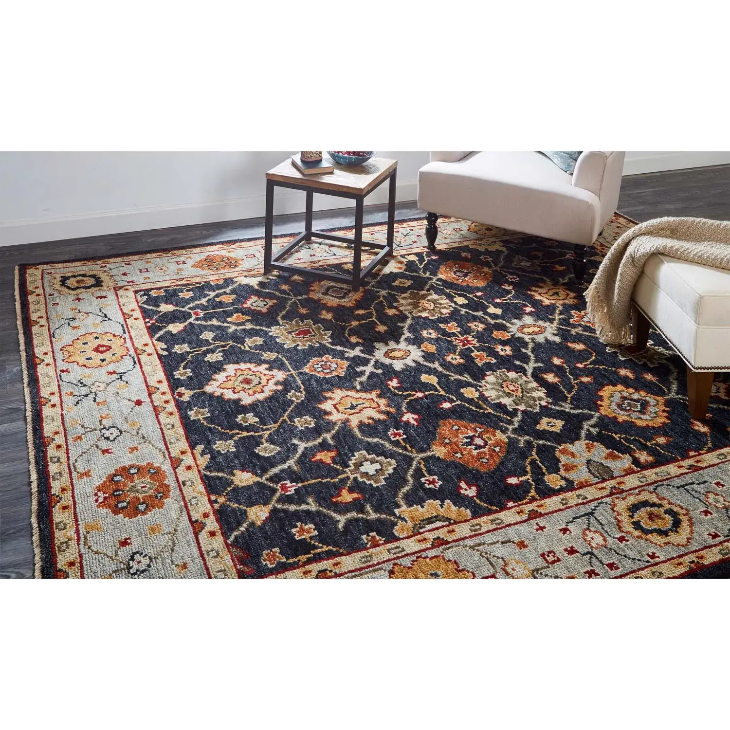 Maia Floral Patterned Hand Knotted Rug - Black, Wool