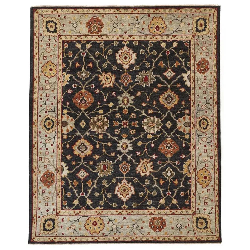 Maia Floral Patterned Hand Knotted Rug - Black, Wool