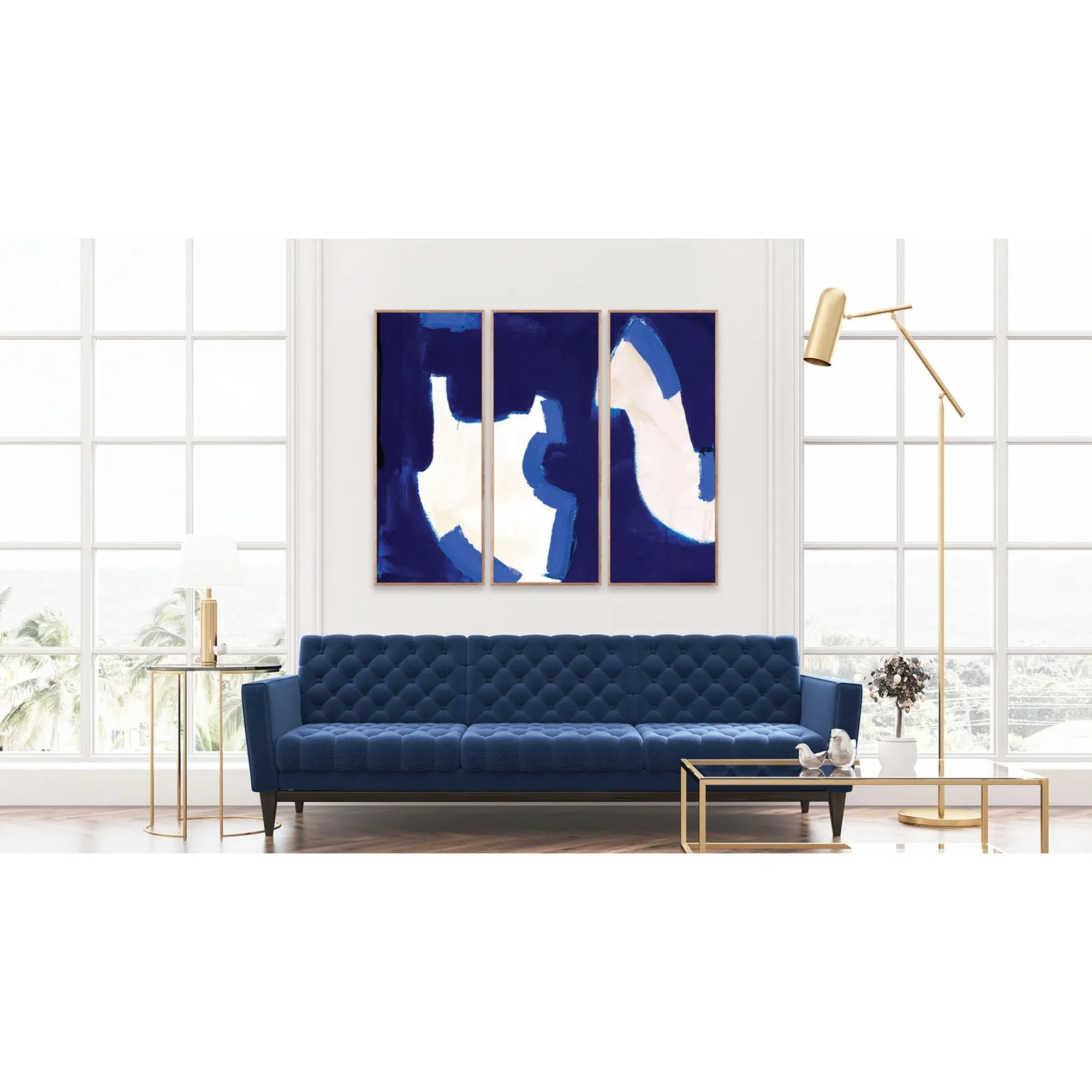 Majorca Triptych Painting - Blue, Walnut Wood