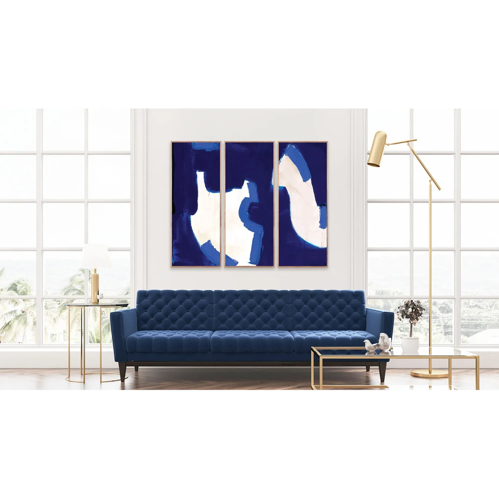 Majorca Triptych Painting - Blue, Walnut Wood