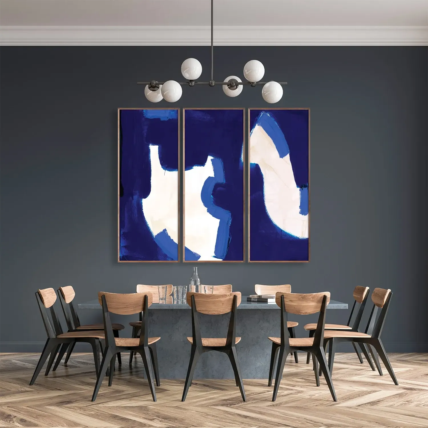 Majorca Triptych Painting - Blue, Walnut Wood