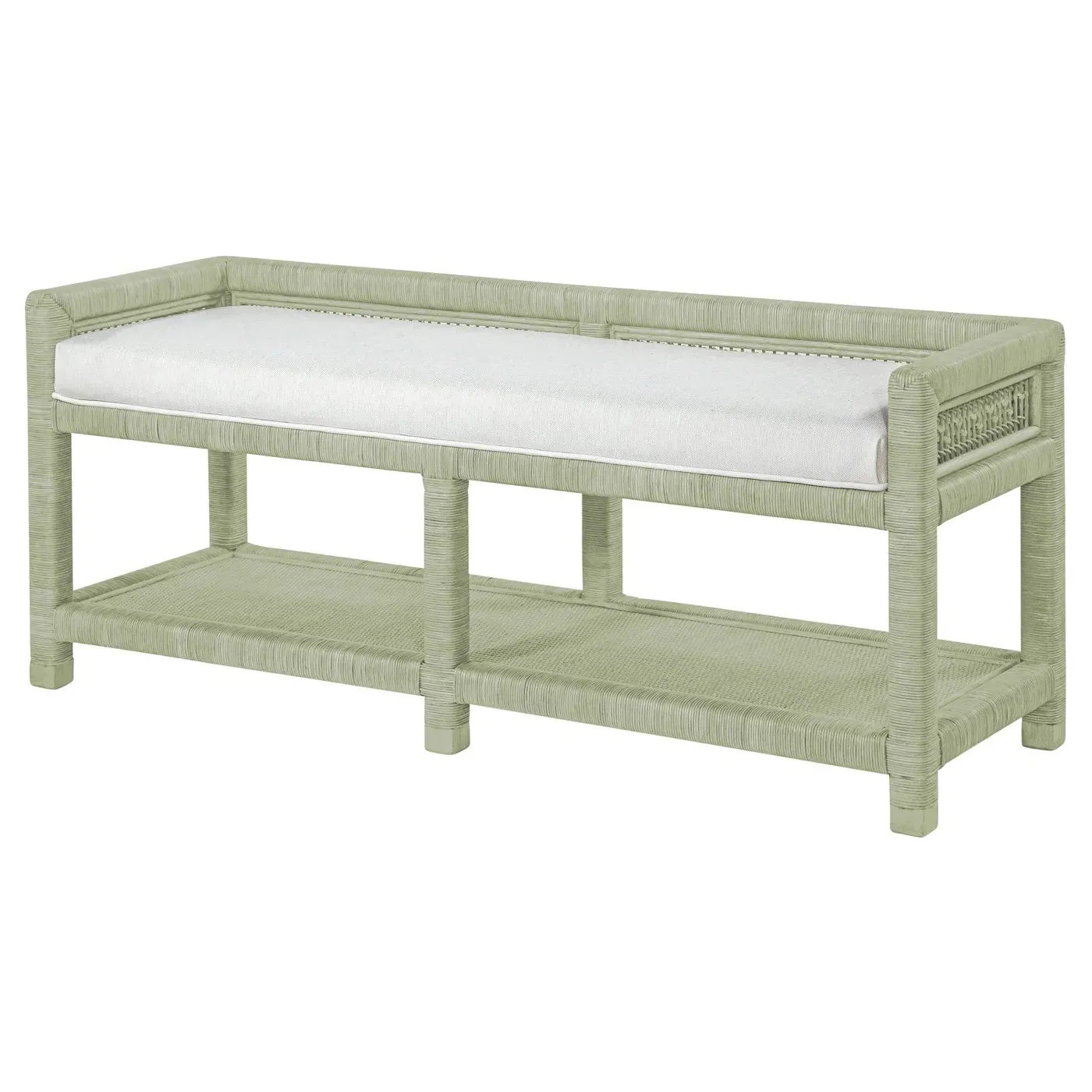 Mako Rattan Bench - Green, White Performance Fabric