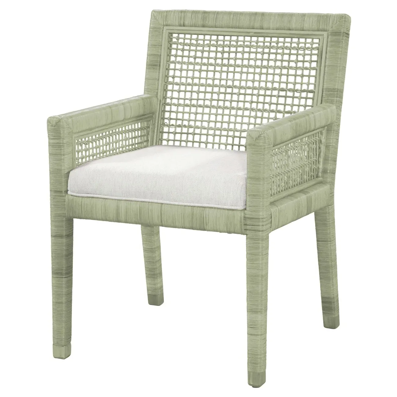 Mako Rattan Dining Arm Chair - Green, White Performance Fabric