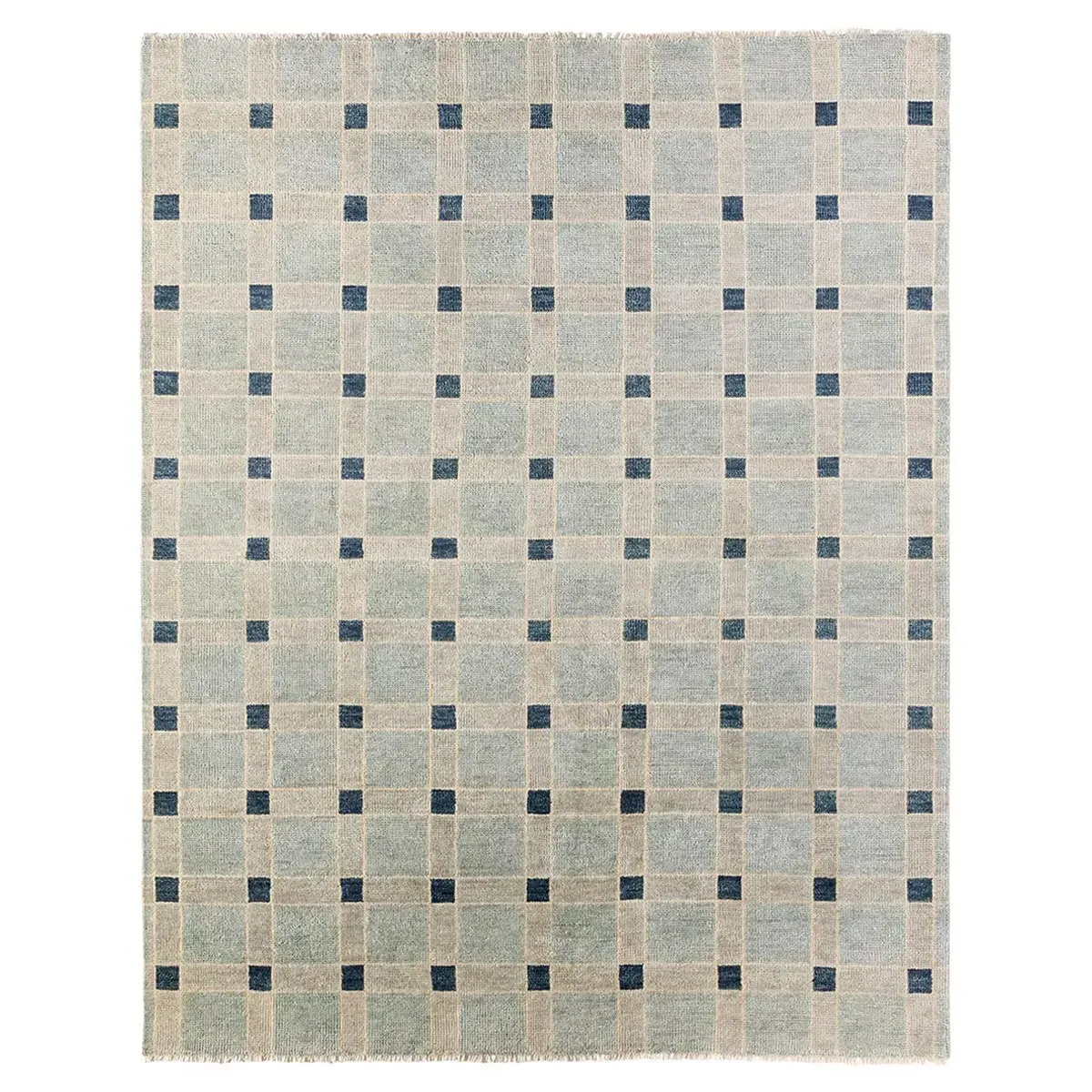 Malien Grid Patterned Hand Knotted Rug - Blue, Wool