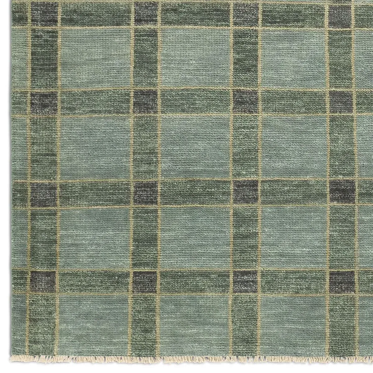Malien Grid Patterned Hand Knotted Rug - Green, Wool