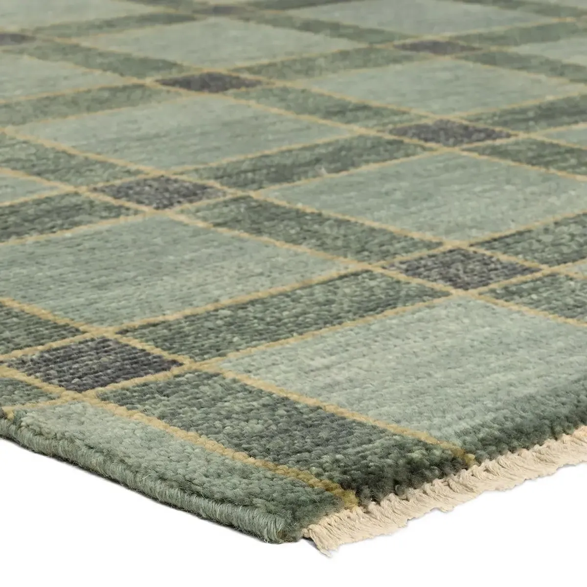 Malien Grid Patterned Hand Knotted Rug - Green, Wool