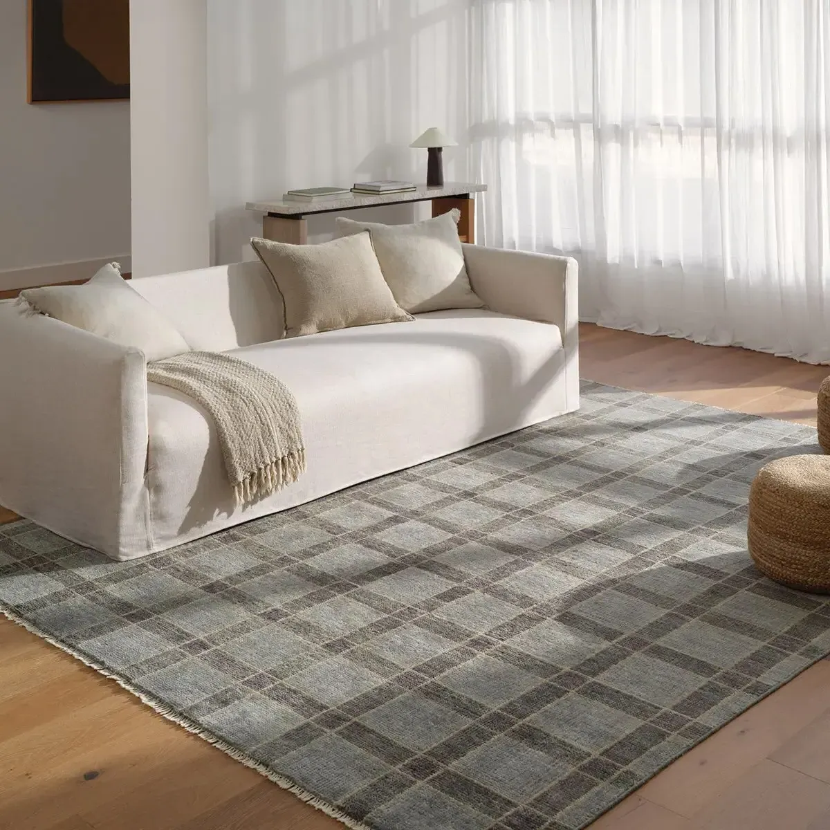 Malien Grid Patterned Hand Knotted Rug - Green, Wool