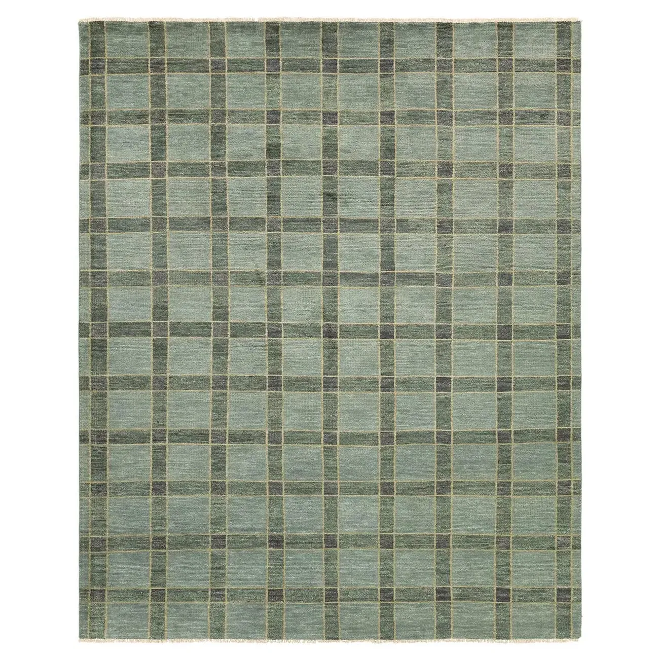 Malien Grid Patterned Hand Knotted Rug - Green, Wool