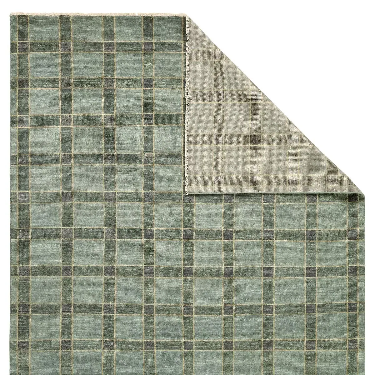 Malien Grid Patterned Hand Knotted Rug Sample - Green, Wool