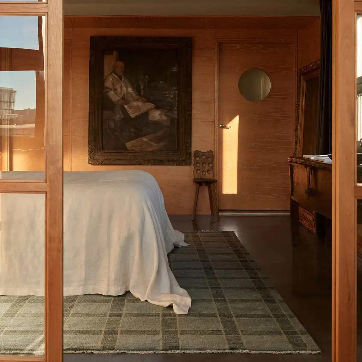 Malien Grid Patterned Hand Knotted Rug Sample - Green, Wool