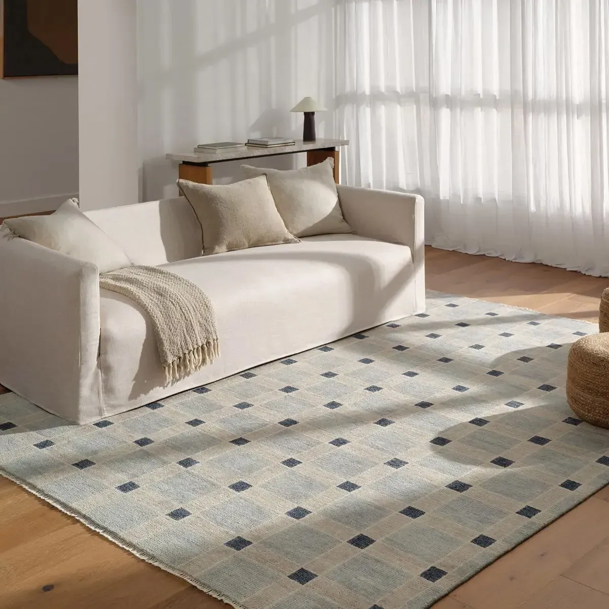 Malien Grid Patterned Hand Knotted Runner Rug - Blue, Wool