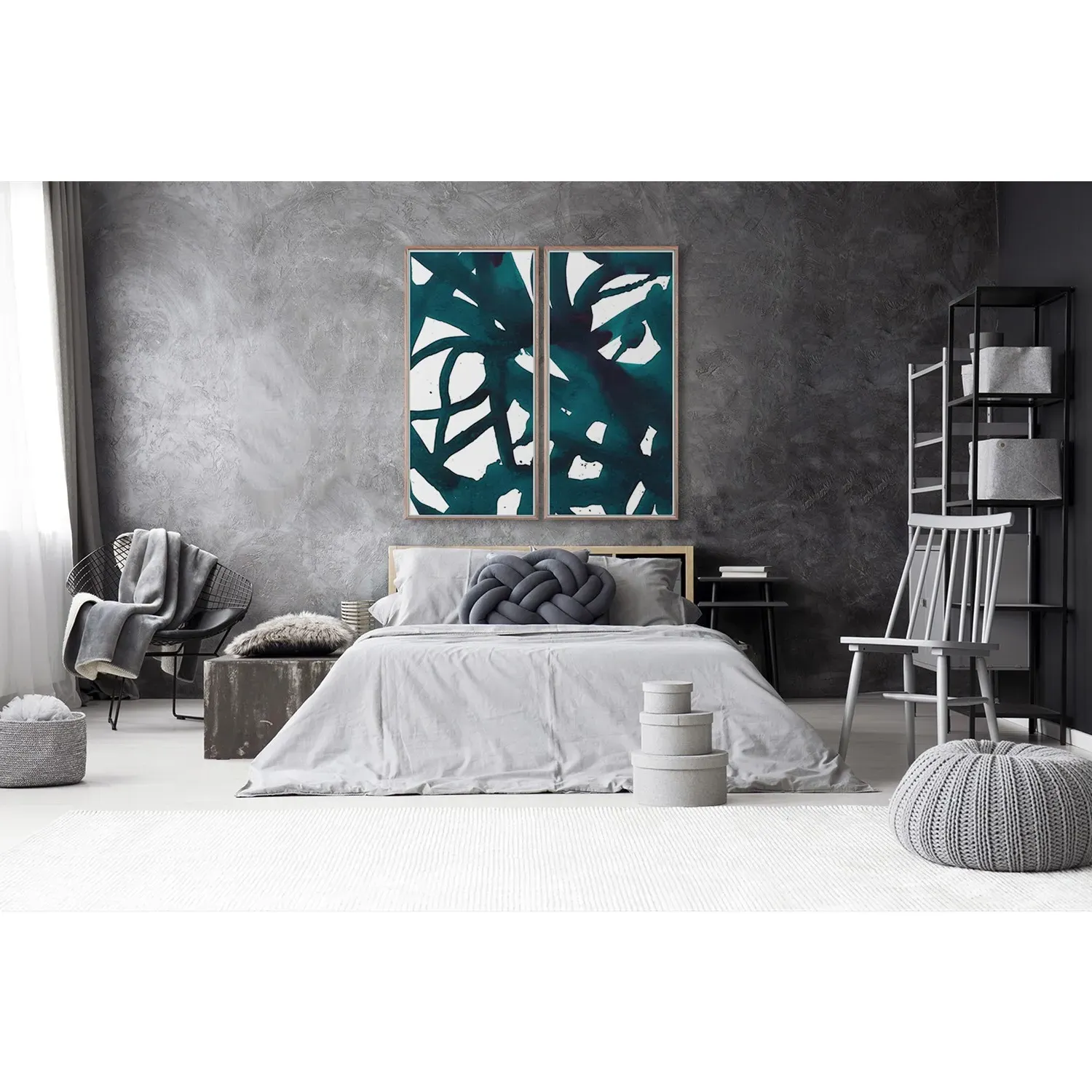 Malta Abstract Teal Diptych Painting - Blue