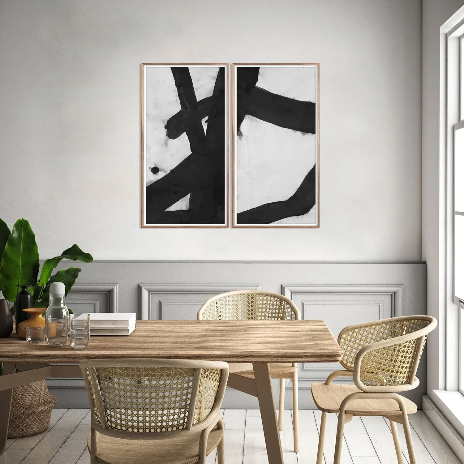 Malta BW Diptych Painting - Black, Walnut Wood