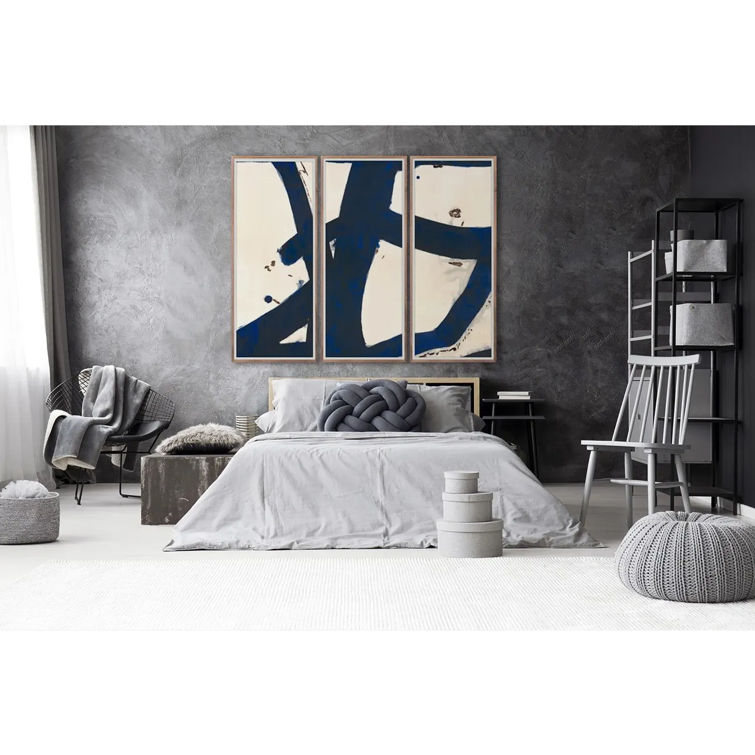 Malta Indigo Blue Triptych Painting - Blue
