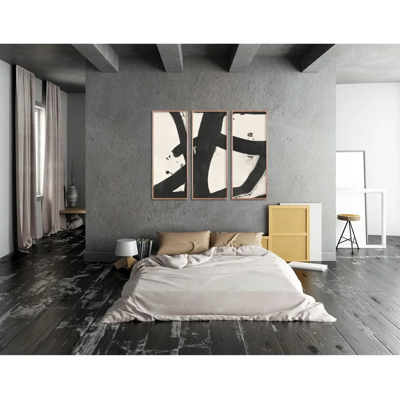 Malta Triptych Charcoal Painting - Black