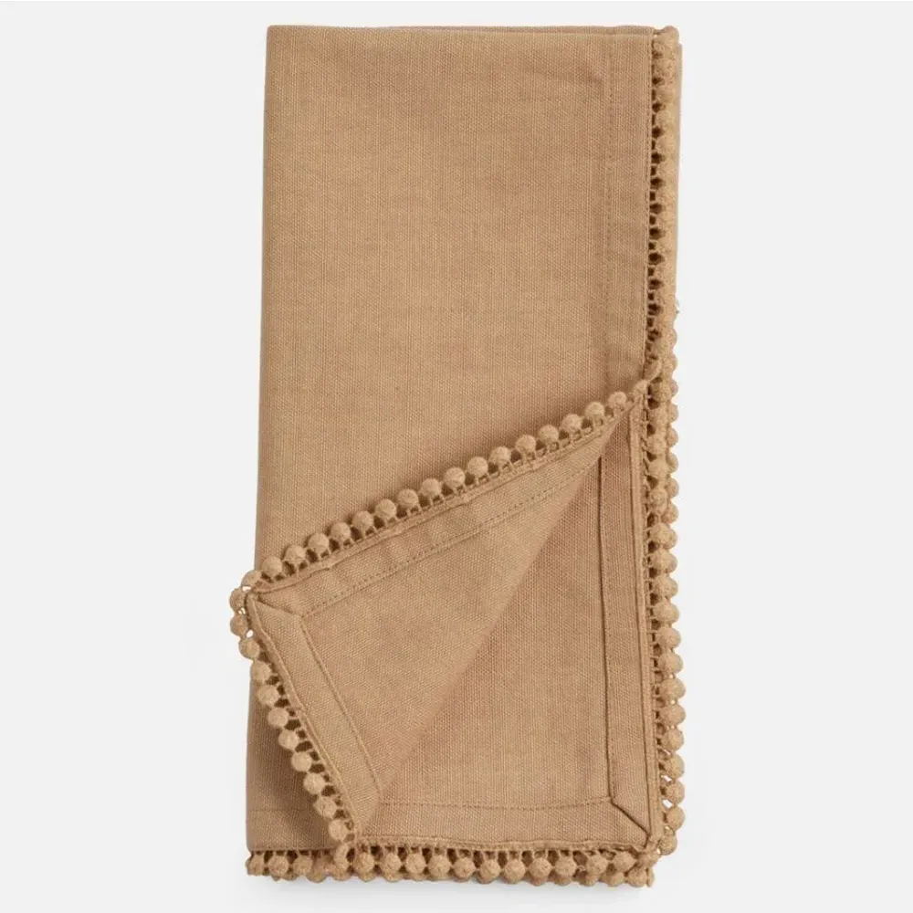 Margot Cocktail Napkin Set with Pom Pom Border - Beige, Cotton