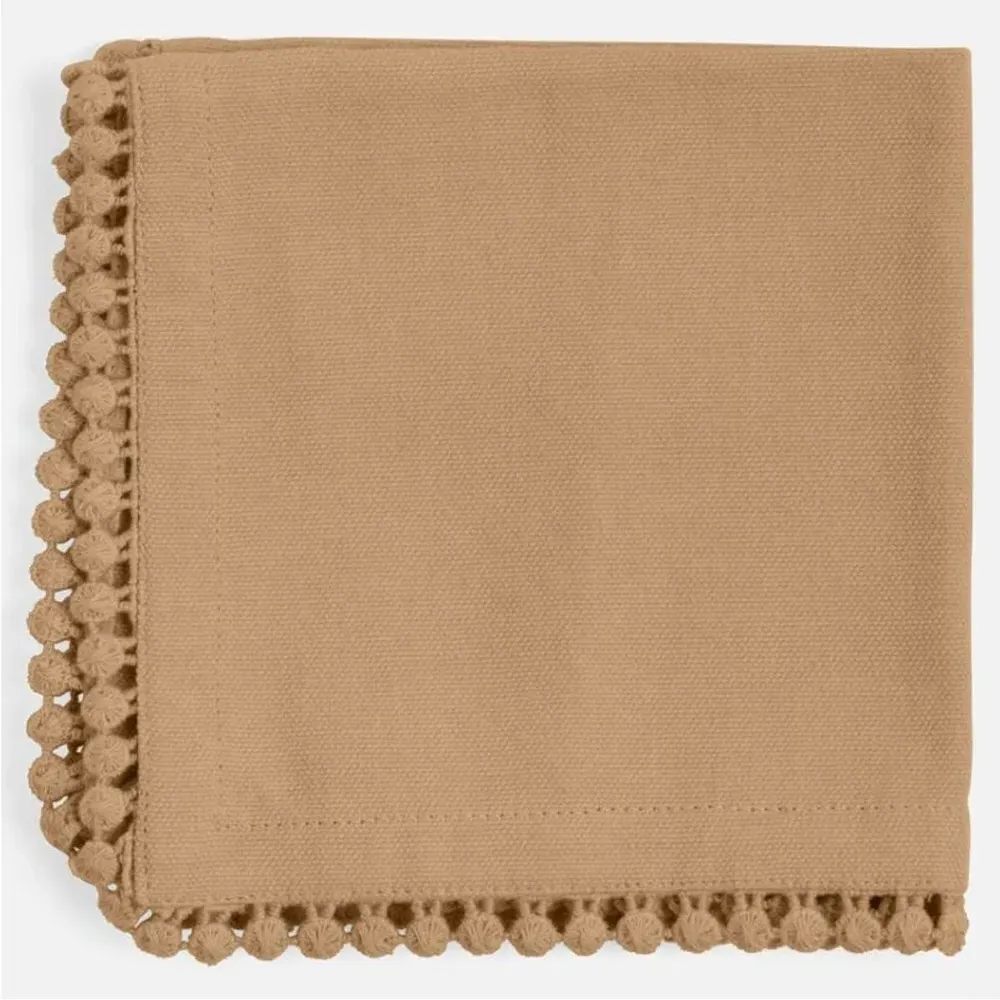 Margot Cocktail Napkin Set with Pom Pom Border - Beige, Cotton