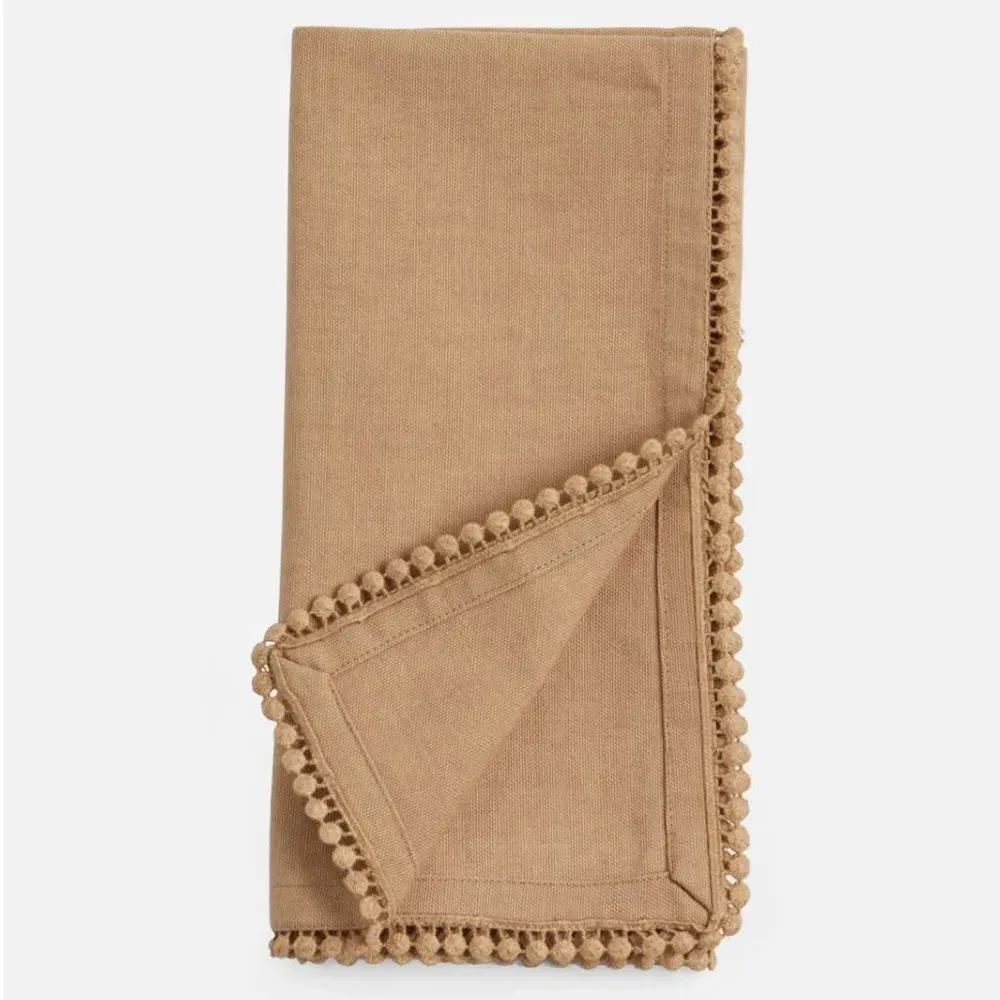 Margot Napkin Set with Pom Pom Border - Beige, Cotton
