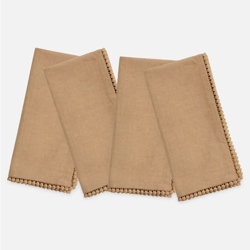 Margot Napkin Set with Pom Pom Border - Beige, Cotton
