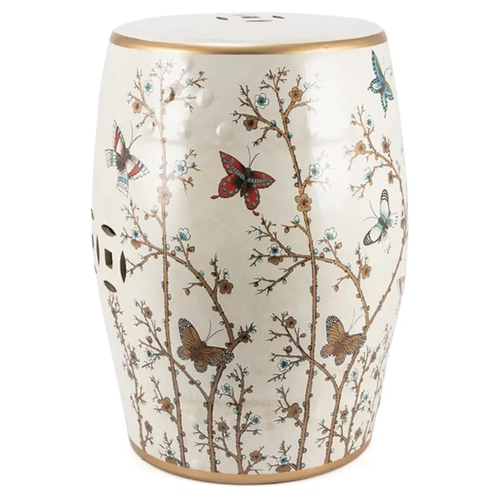 Maria Butterfly Garden Stool - White, Porcelain