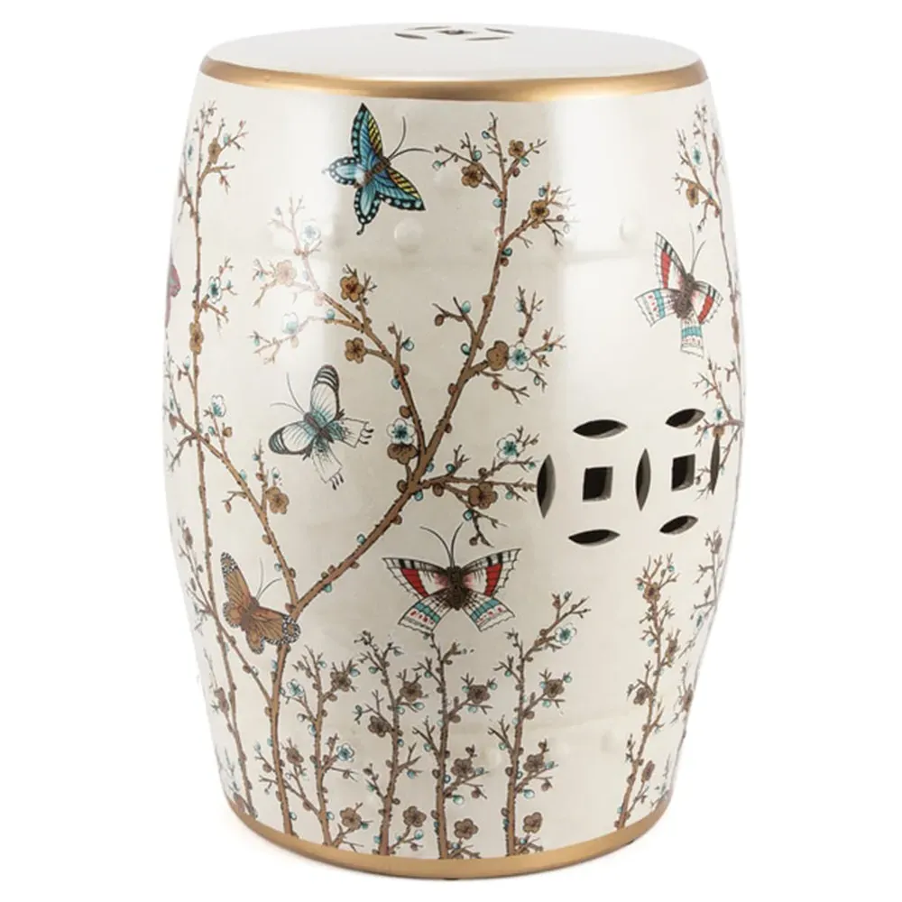 Maria Butterfly Garden Stool - White, Porcelain